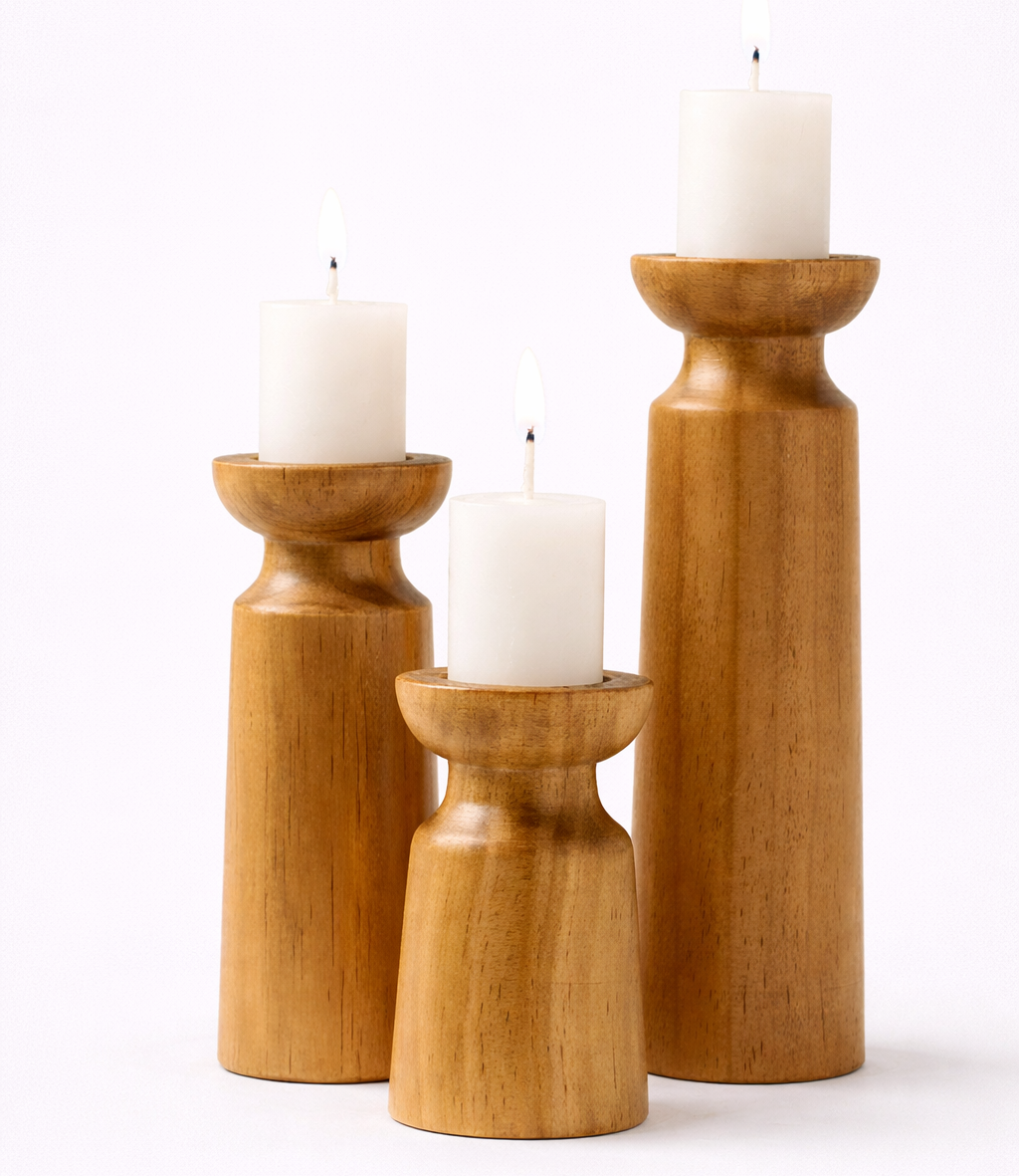 Three wooden candle holders with candles on a white background