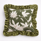 Decorative pillow with floral pattern and green ruffled edges on a white background