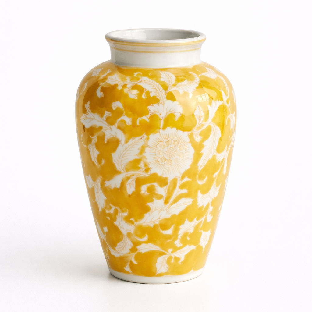 Yellow vase with white floral patterns on a white background