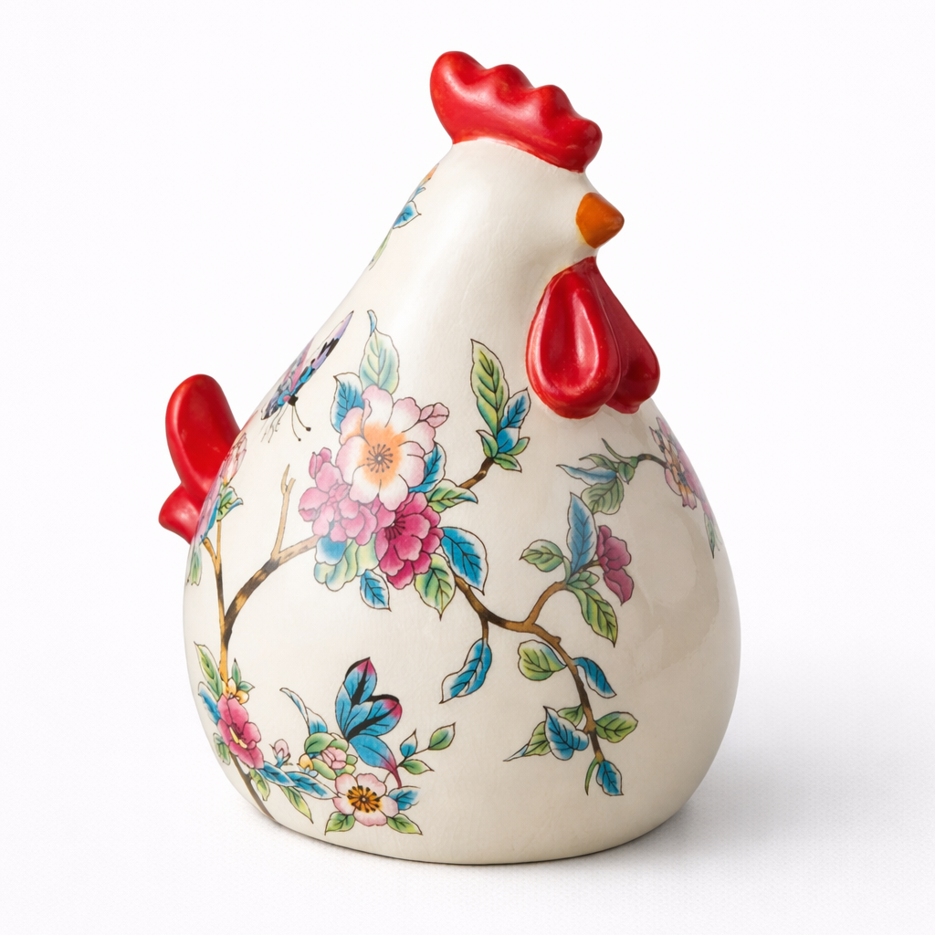 Decorative ceramic chicken with floral design on a white background