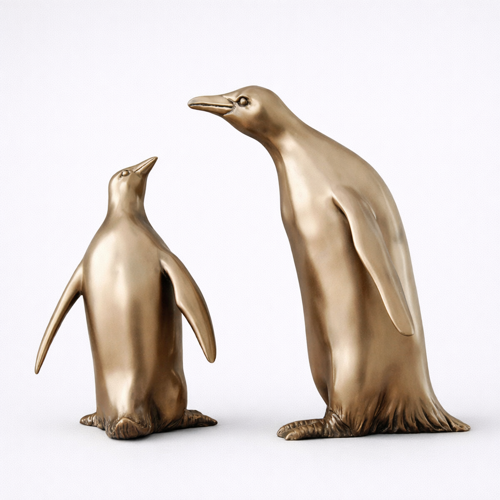 Two bronze penguin statues on a white background