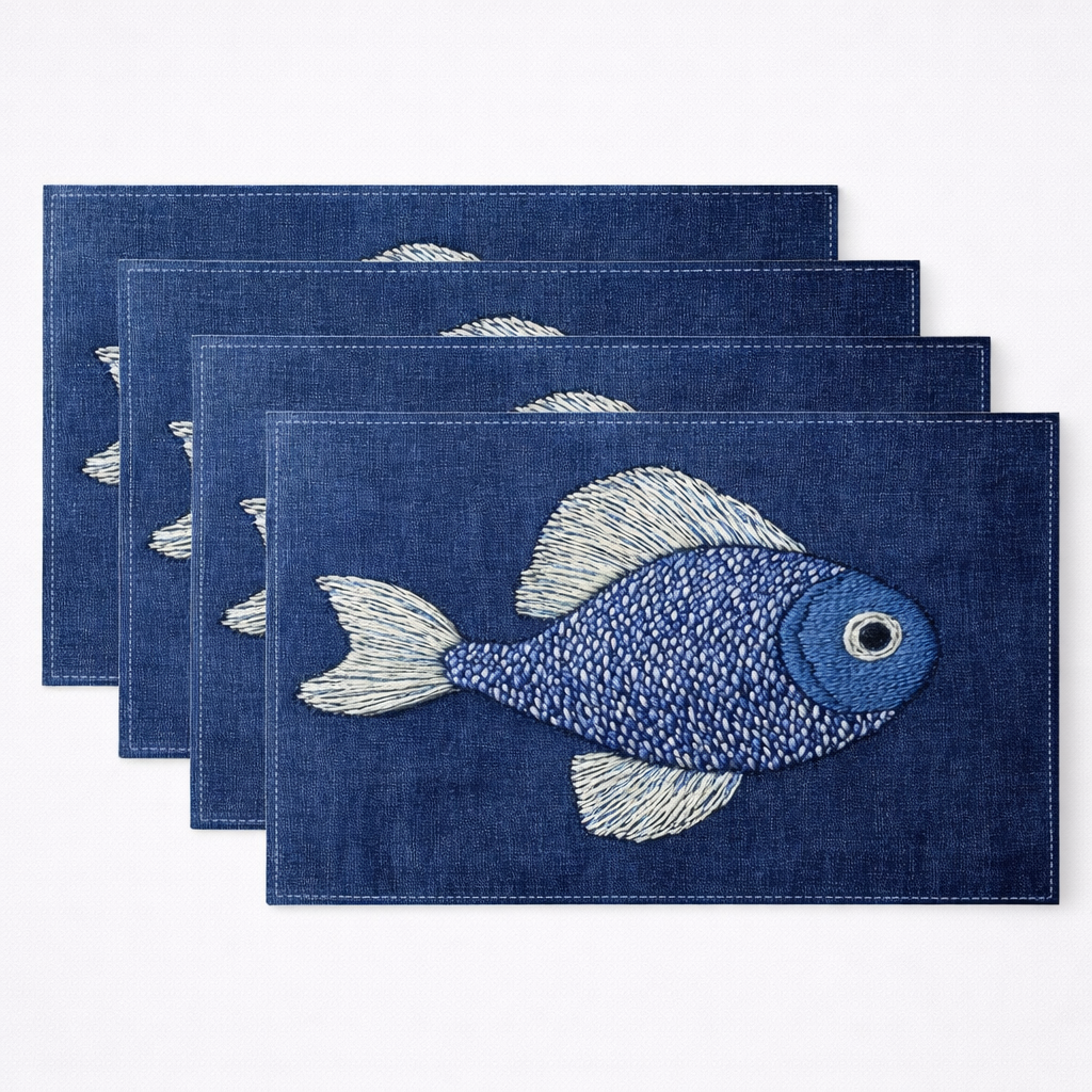 Set of four blue placemats with embroidered fish designs on a white background