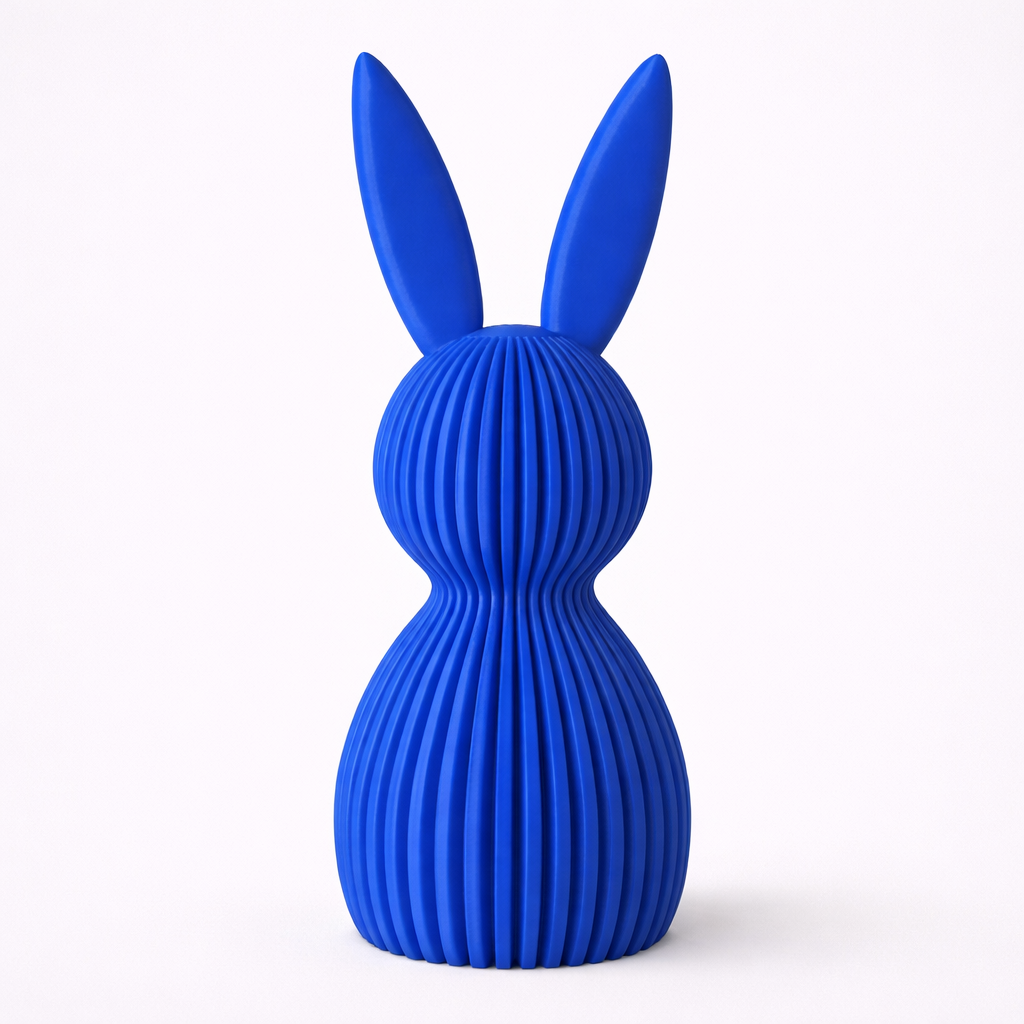 Blue rabbit-shaped object on a white background