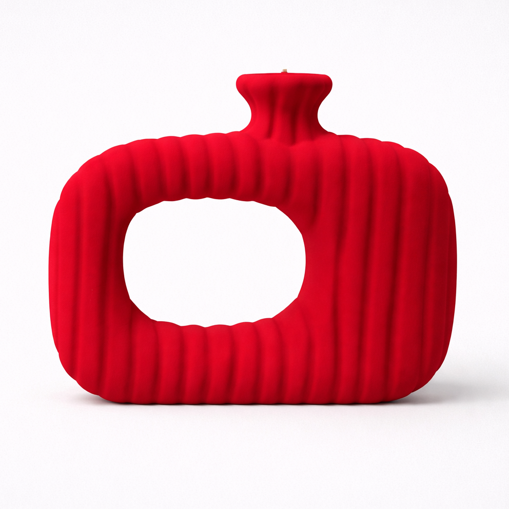 Red ribbed hot water bottle on a white background