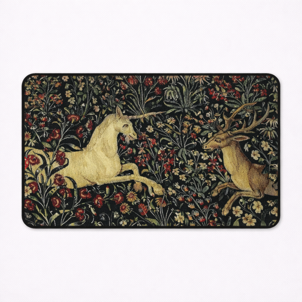Decorative mat with unicorn and deer design on a floral background