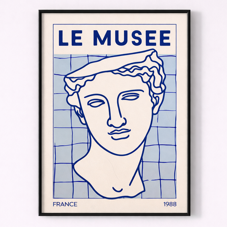 Framed artwork with a classical statue head design and 'Le Musee' text on a light blue grid background.
