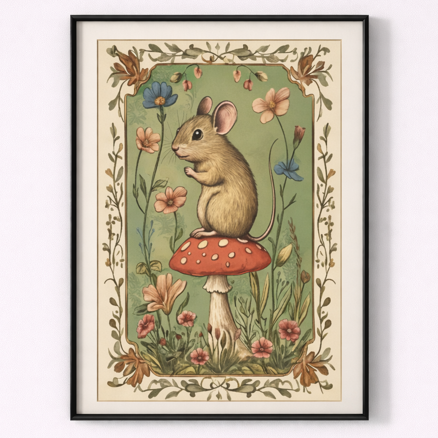 Framed artwork of a mouse on a mushroom with floral decorations