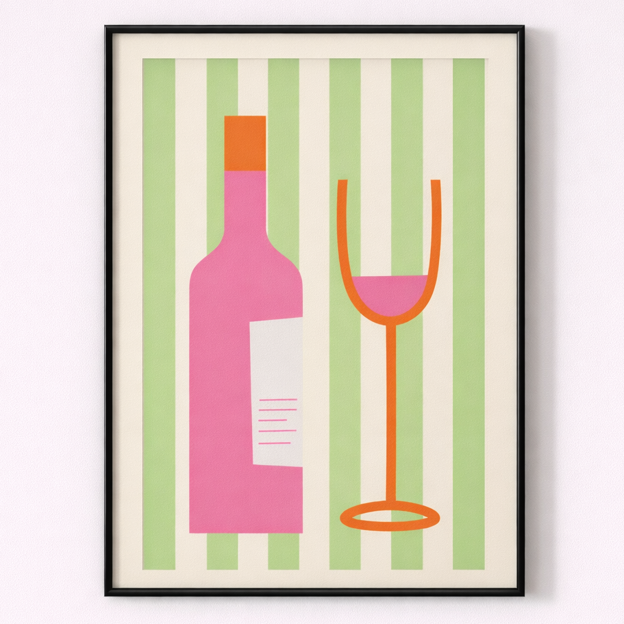 Framed artwork with a pink bottle and orange glass on a striped background