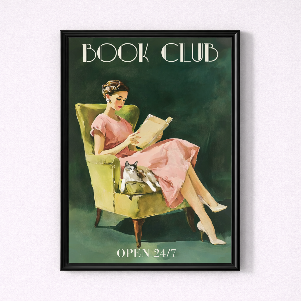 Framed artwork of a woman reading a book with a cat on her lap, titled 'Book Club Open 24/7'.