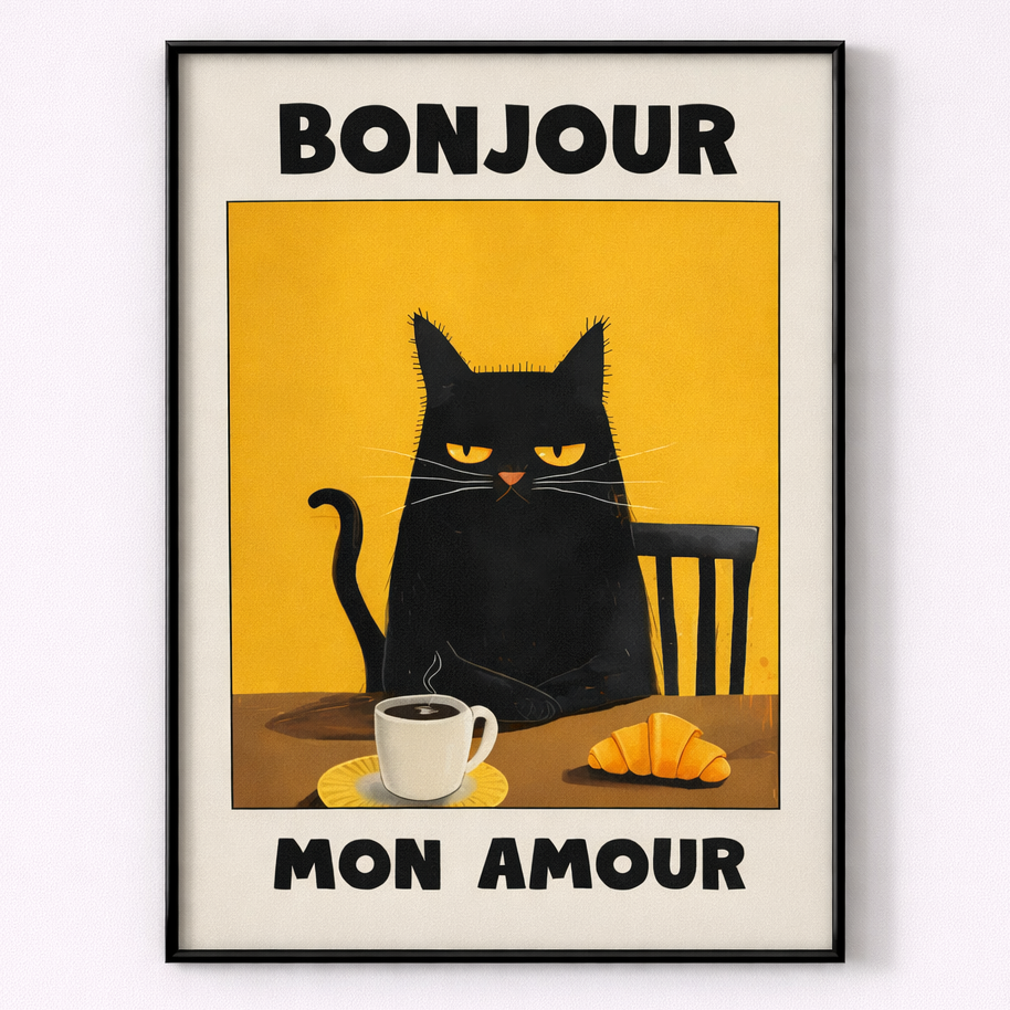 Framed artwork with a black cat, coffee cup, and croissant on a yellow background with 'Bonjour Mon Amour' text.