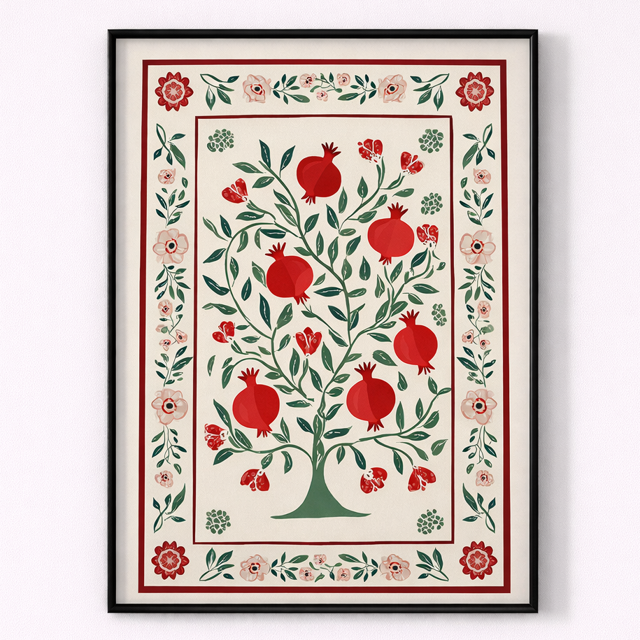 Decorative print with a tree of life design featuring pomegranates and flowers on a white background.