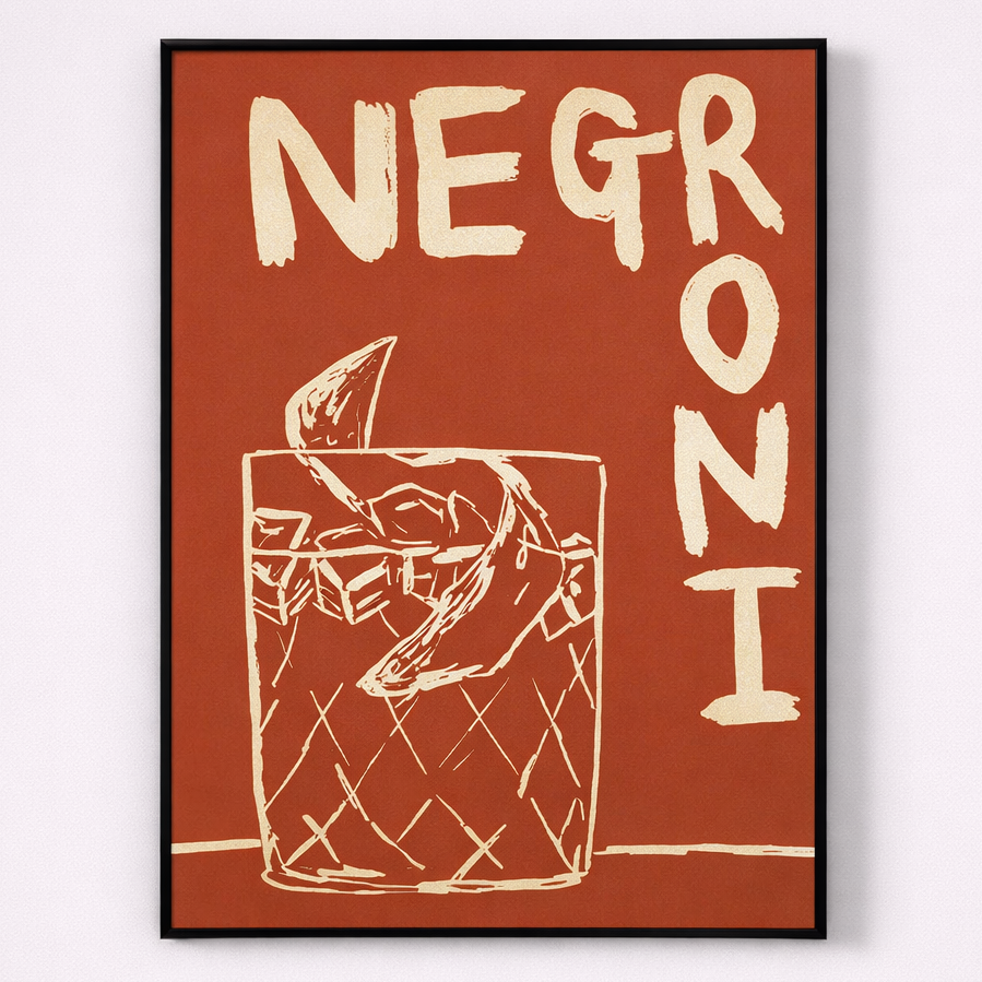 Framed artwork with 'NEGRONI' text and a glass illustration on a red background