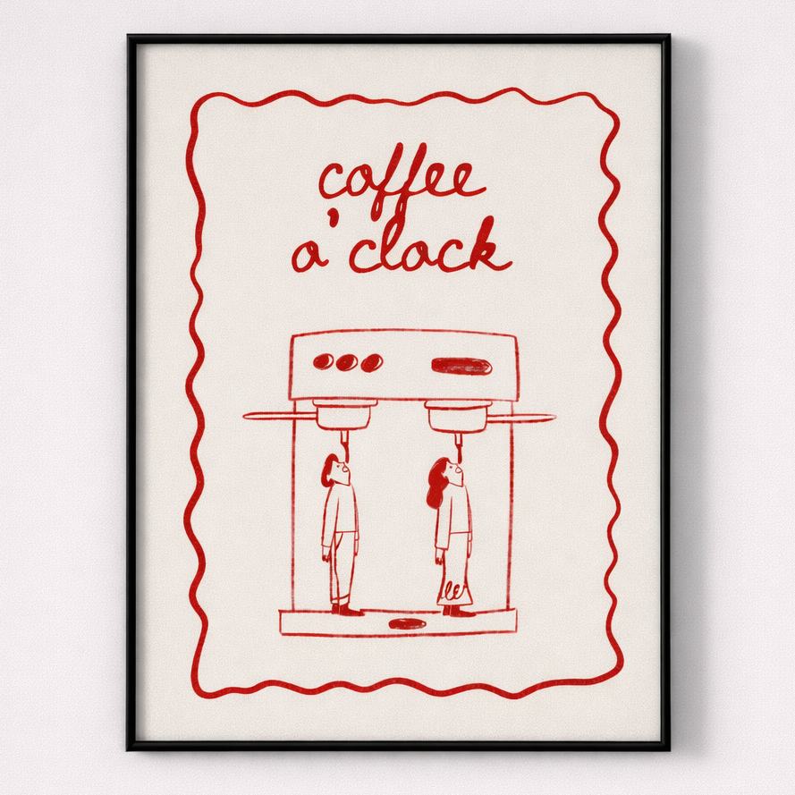 Framed artwork with red text 'coffee a clock' and a coffee machine illustration on a white background.