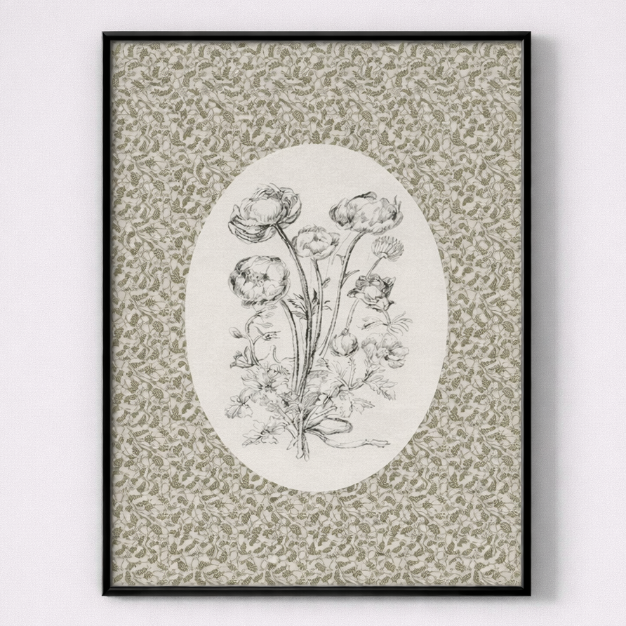 Framed botanical illustration on a patterned background