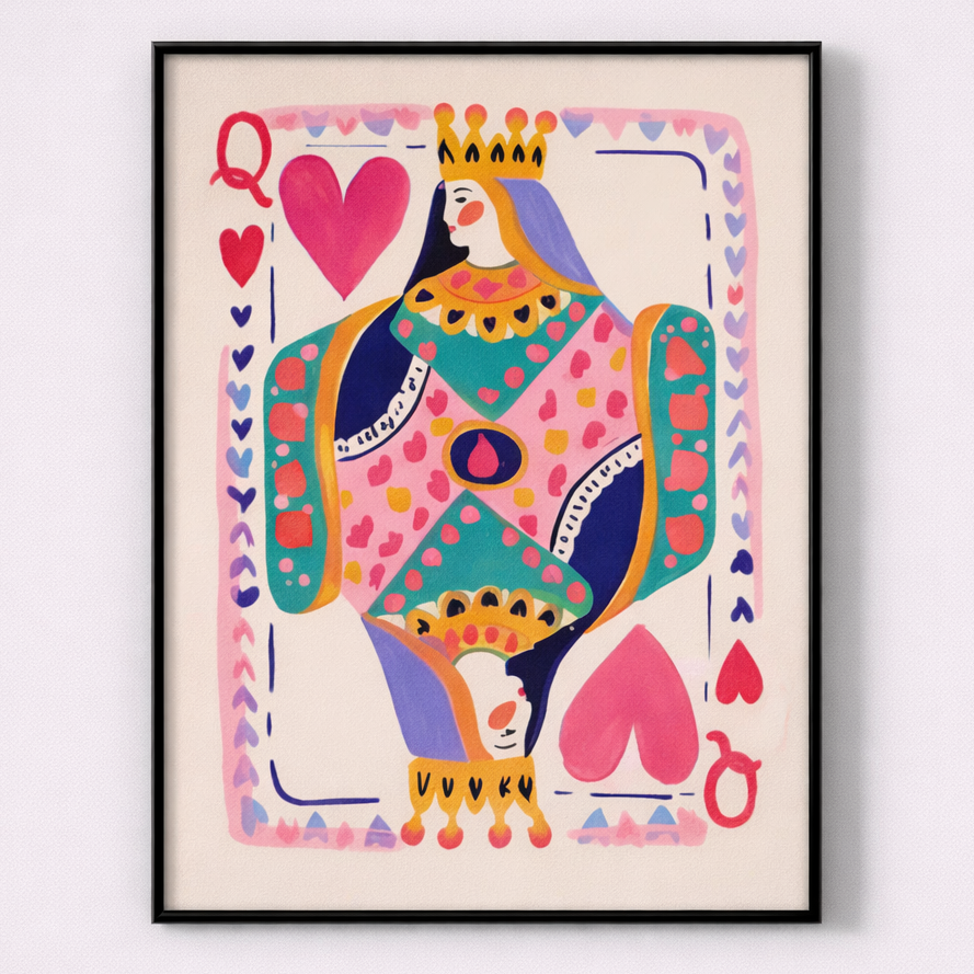 Framed colorful illustration of a queen with hearts on a white wall