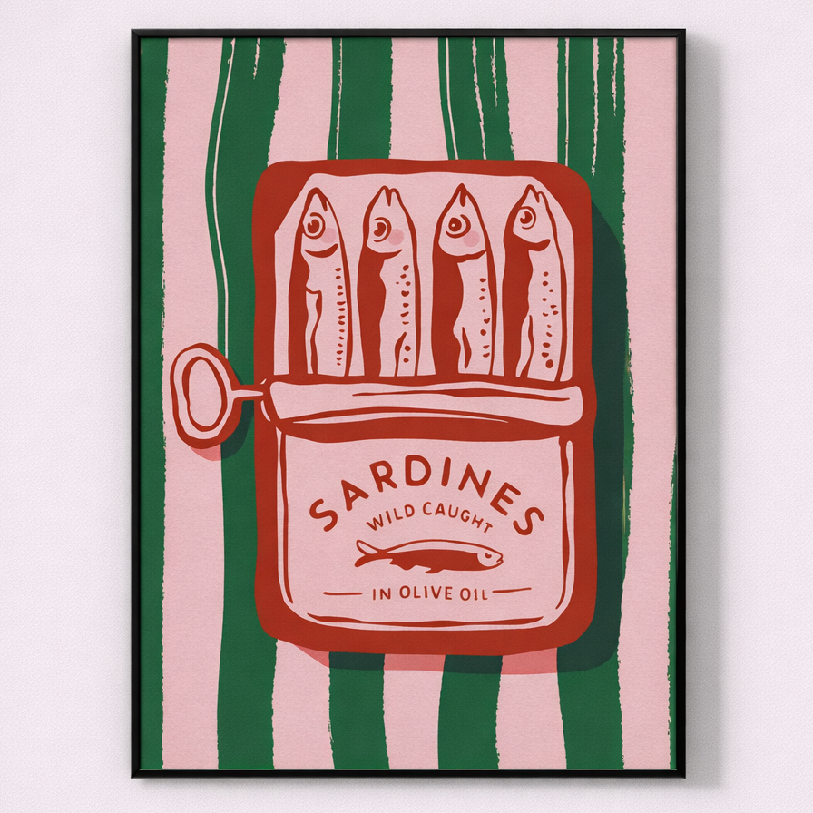 Framed artwork of a sardine can with striped background