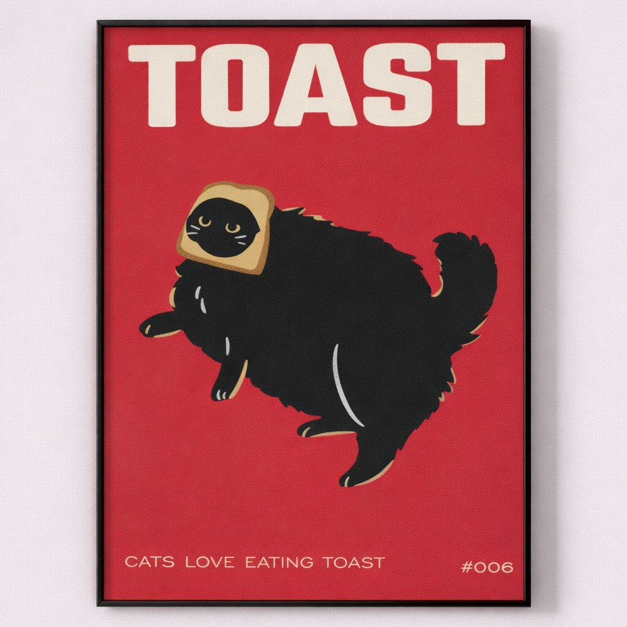 Poster with a black cat wearing a toaster costume on a red background with 'TOAST' text.