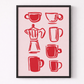 Framed artwork with red coffee-themed illustrations on a light pink background