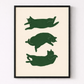 Framed artwork with green cat illustrations on a beige background