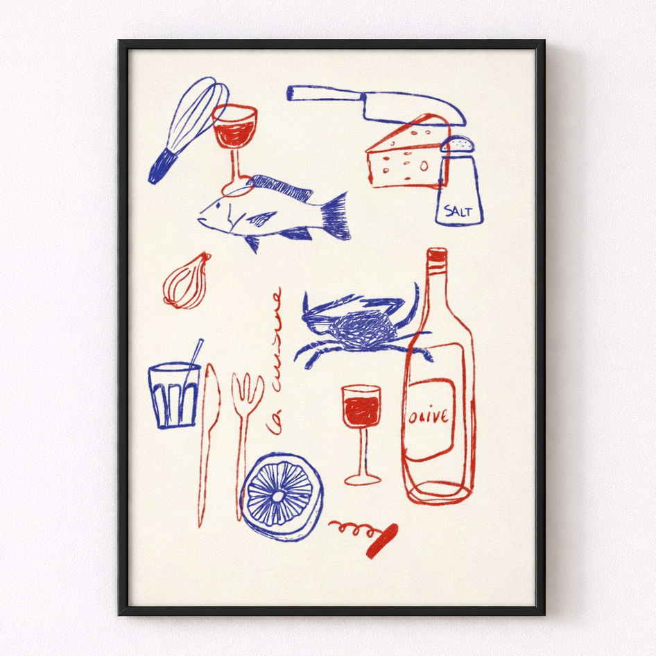 Framed artwork with colorful line drawings of kitchen items on a white background