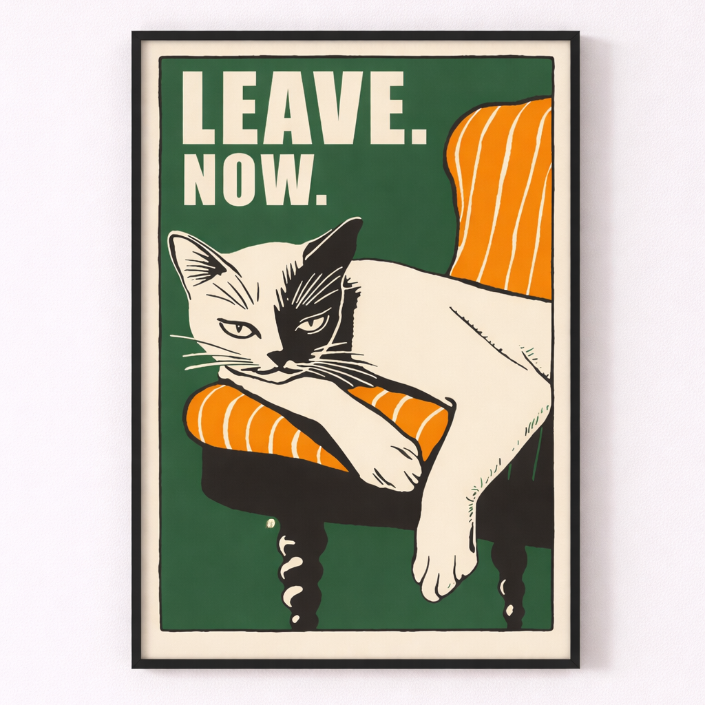 Framed poster with a cat on sushi and text 'Leave. Now.' on a green background