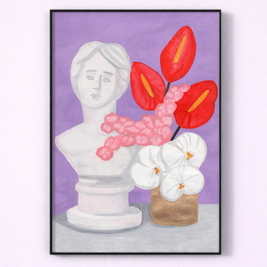 Framed artwork of a bust with flowers on a purple background