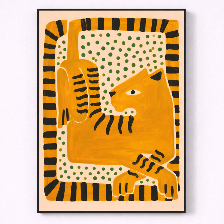 Framed abstract artwork with a tiger design on a beige background