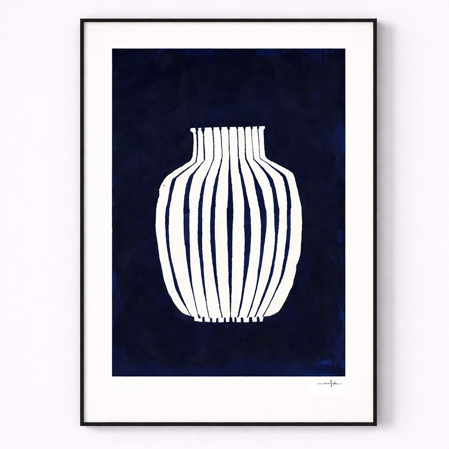 Framed artwork of a white vase on a dark blue background