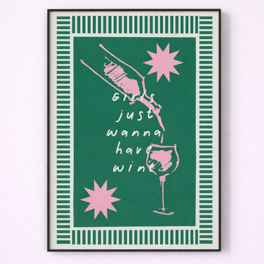 Framed artwork with pink wine glass and stars on a green background