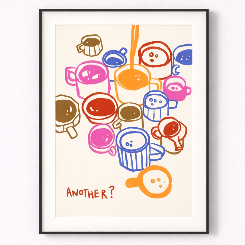 Framed colorful illustration of cartoon-like cups and a spoon on a white background
