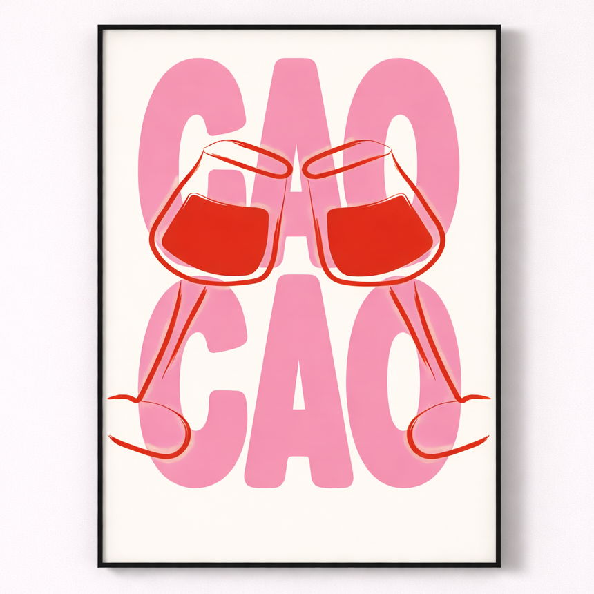 Framed artwork with pink sunglasses and 'Gao Gao' text on a white background