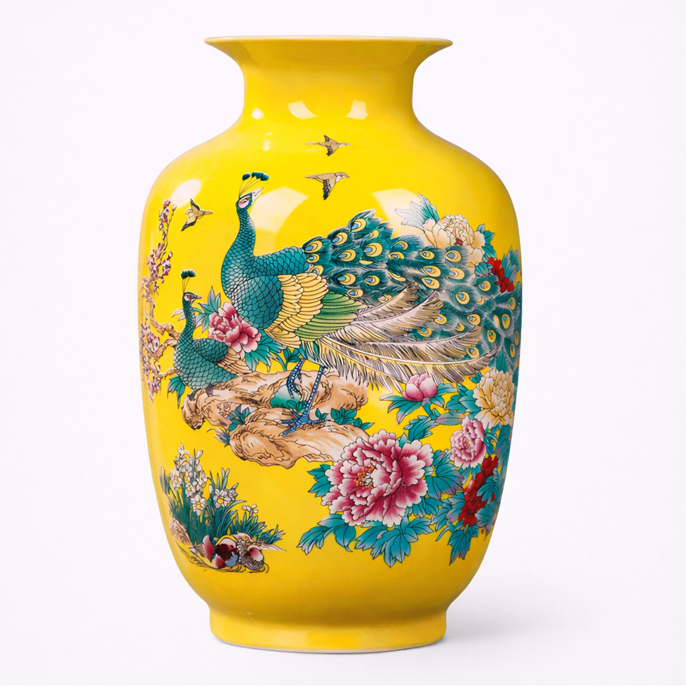 Yellow vase with peacock and floral design on a white background