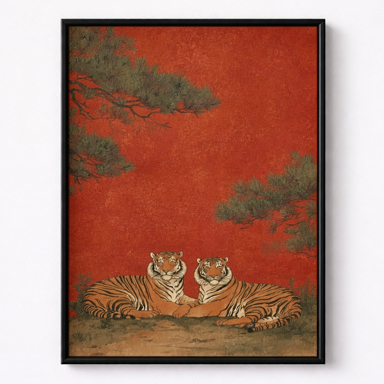 Framed artwork of two tigers on a red background