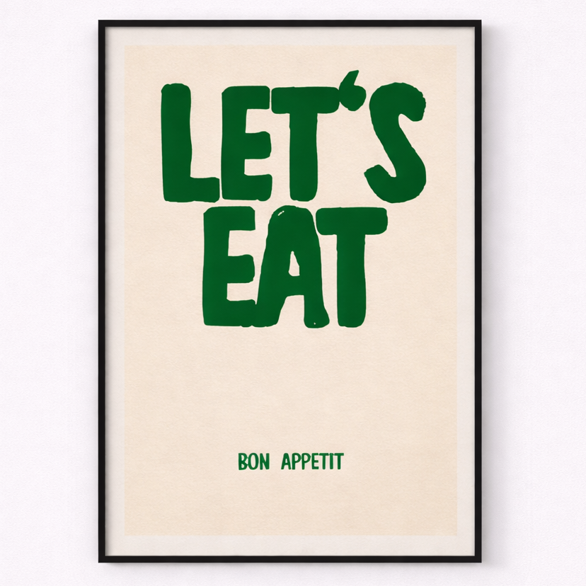 Framed print with 'LET'S EAT' and 'BON APPETIT' text on a beige background