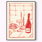 Framed artwork of a red wine bottle and glass on a table with a checkered tablecloth.