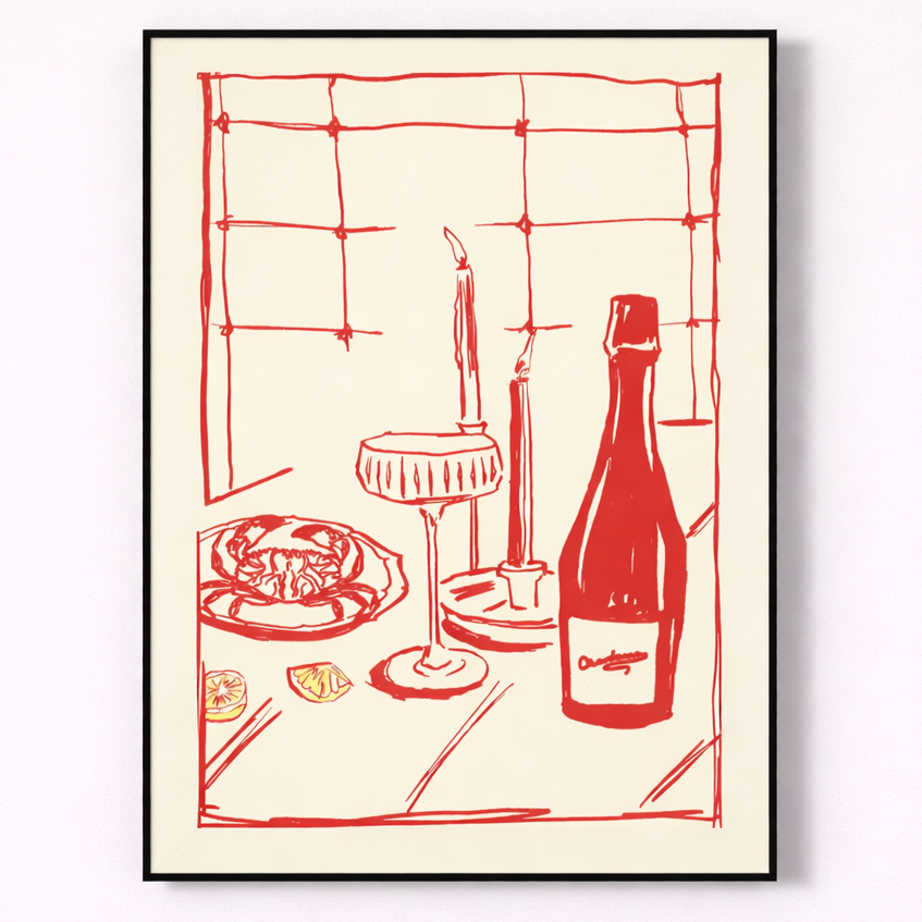 Framed artwork of a red wine bottle and glass on a table with a checkered tablecloth.