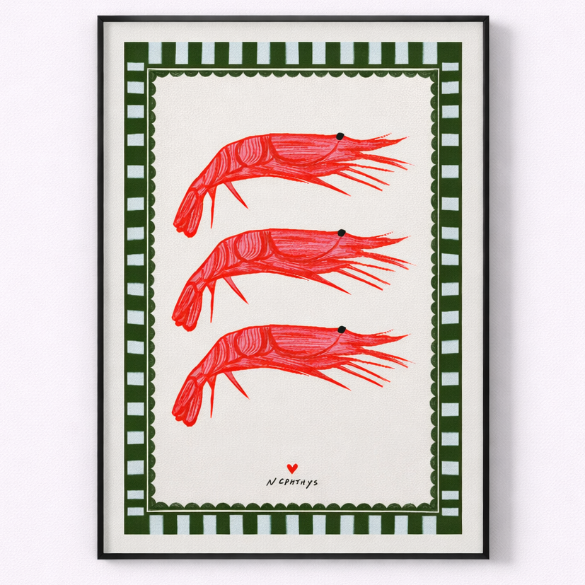 Framed artwork with red shrimp illustration on a white background