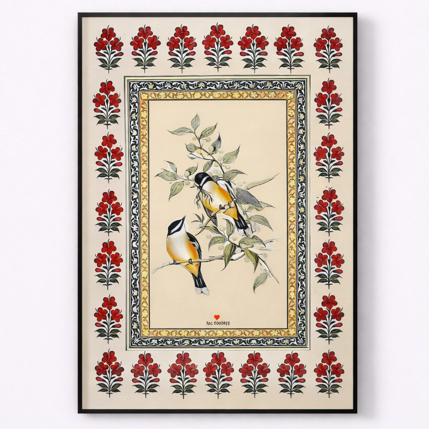 Framed artwork with birds and floral design on a white background