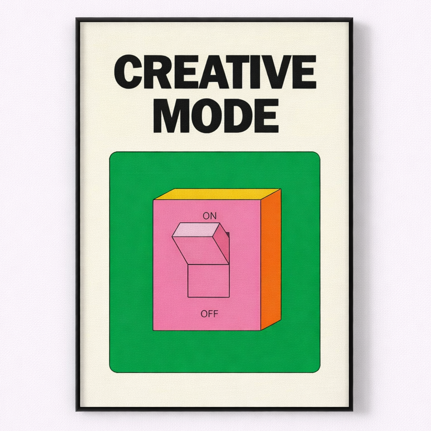 Framed poster with 'Creative Mode' text and colorful design on a white background
