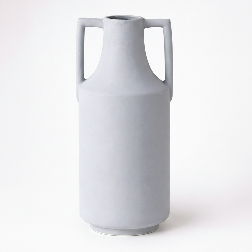 Gray ceramic vase with handles on a white background