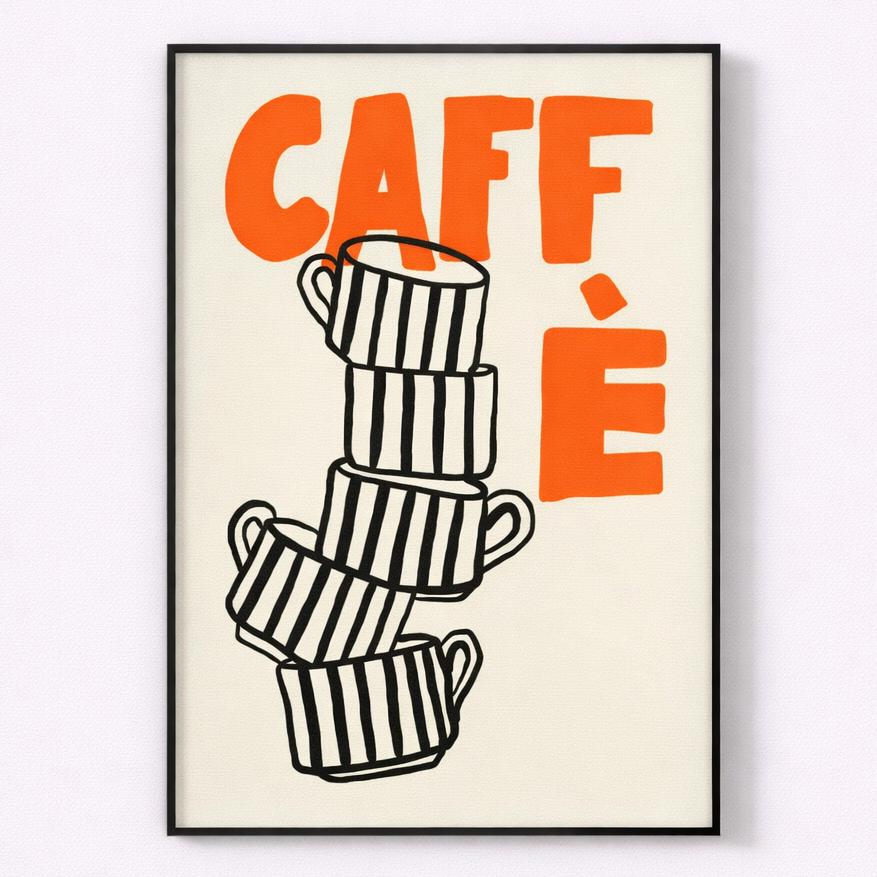 Framed poster with striped coffee cups and 'CAFFè' text on a white background
