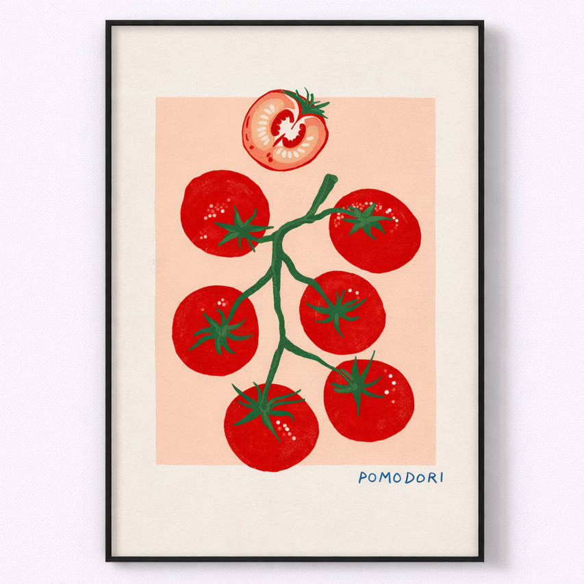 Framed artwork of red tomatoes on a peach background with 'Pomodori' text.