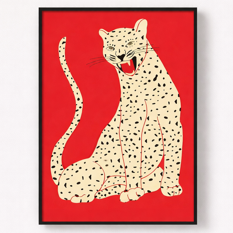 Framed artwork of a cheetah on a red background