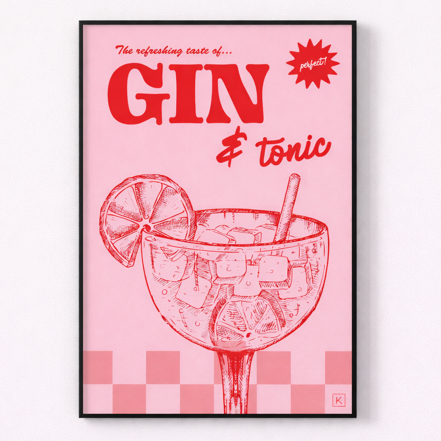 Framed poster with a pink background and red text and graphics of a gin and tonic drink.