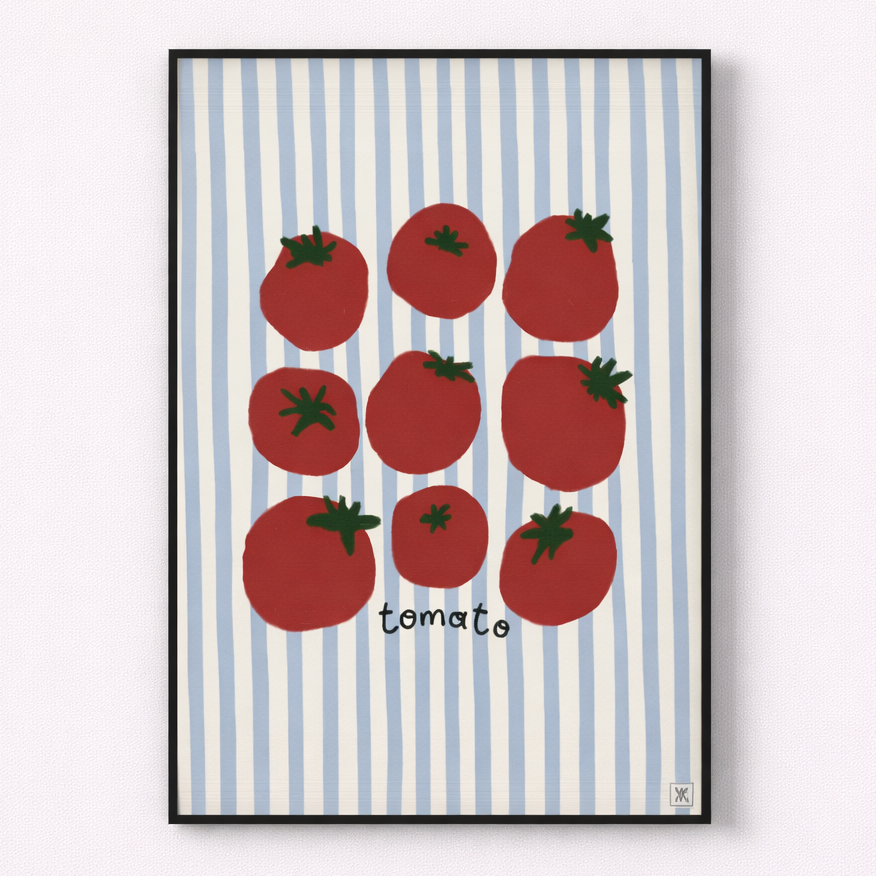 Framed artwork with red tomatoes on a striped background