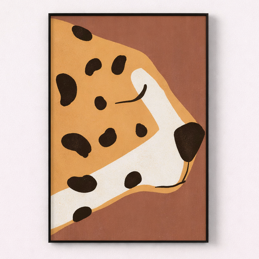 Framed abstract art with brown, orange, and white colors on a white background