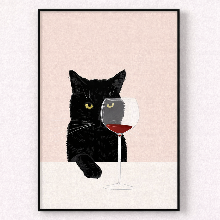 Framed artwork of a black cat with a wine glass on a pink background
