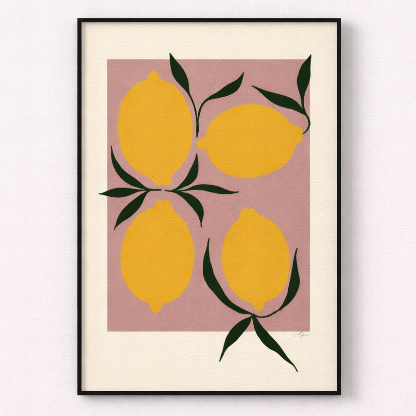 Framed artwork with yellow lemons on a pink background