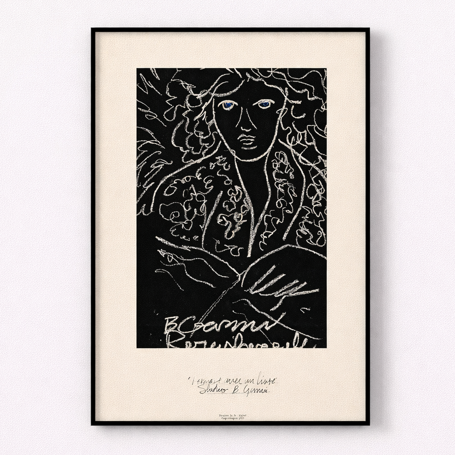 Framed black and white artwork of a woman with flowers on a beige background