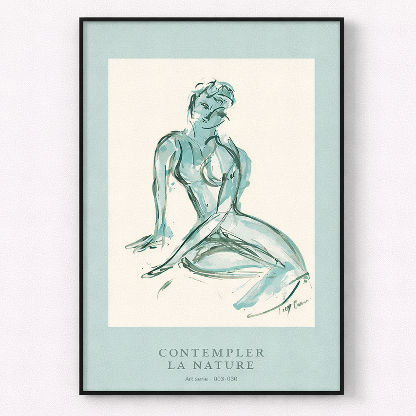Framed artwork of a stylized human figure on a light background